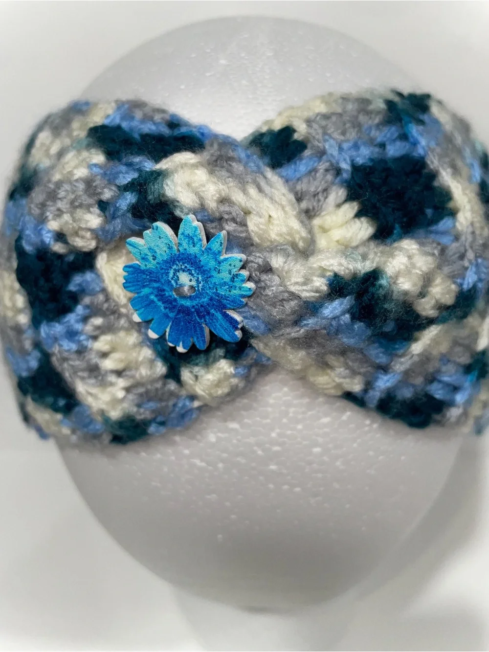 Hand Crafted Blue, Cream & Black Plaid Knitted Headband